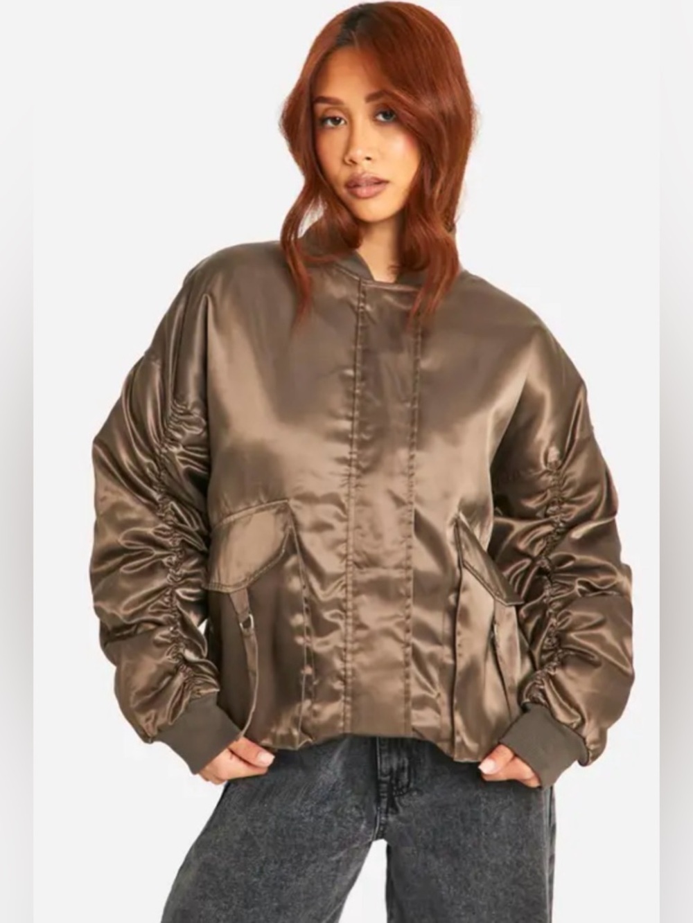 BooHoo Satin Streetwear Grunge Cargo Bomber Jacket in Mushroom Women's 8